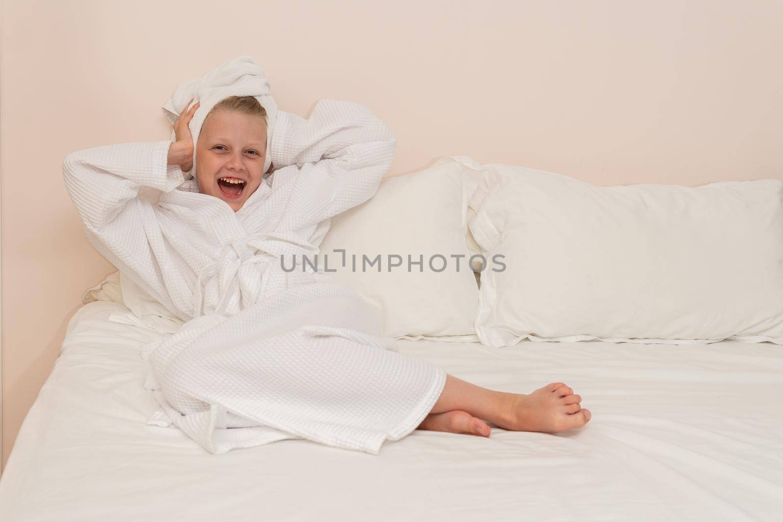 Head bathrobe Creek smile copyspace bed girl white hygiene people, for lifestyle hotel from beautiful and person spa, towel care. Face kid fashion,