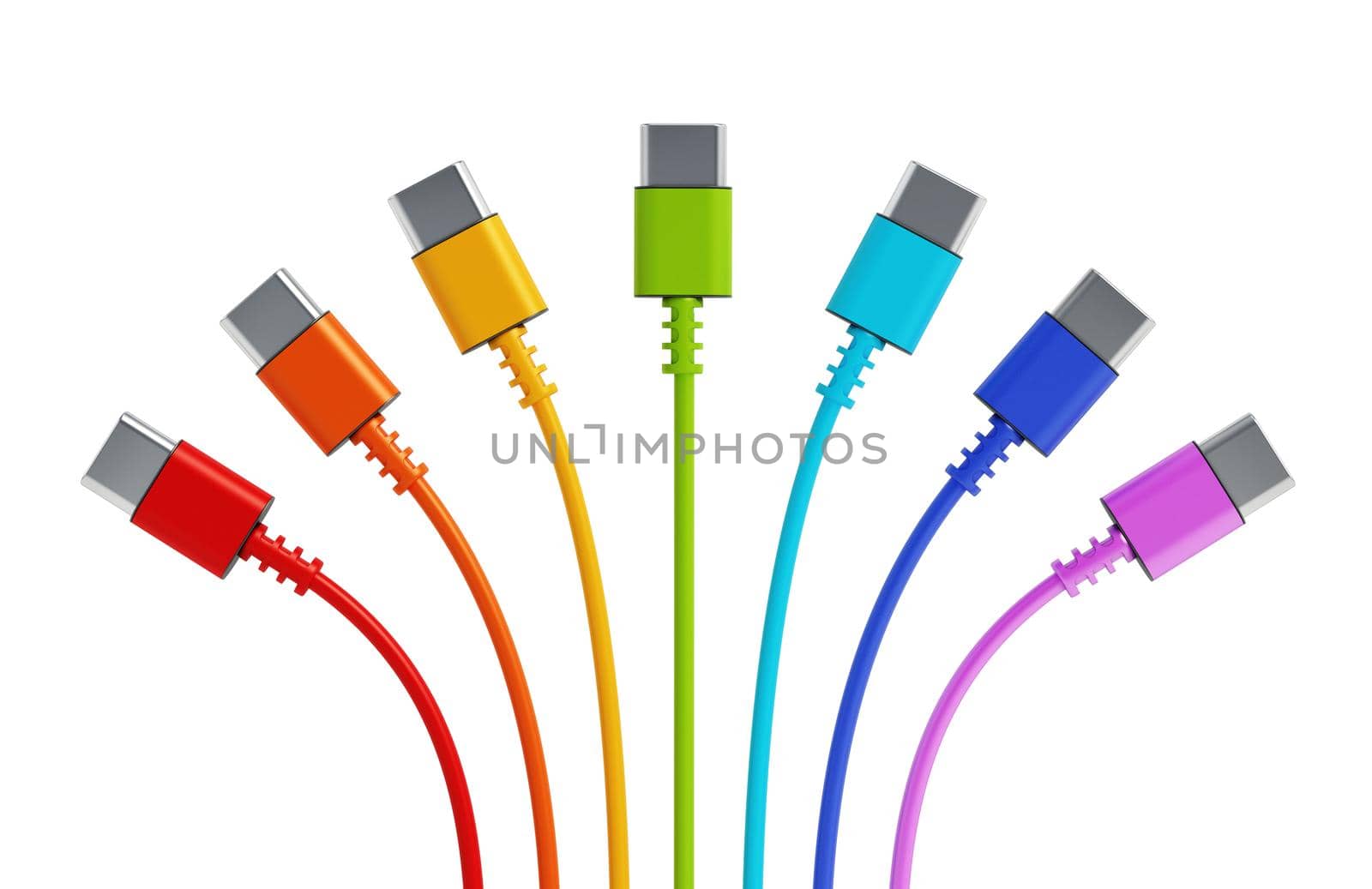 Colorful type C usb cables isolated on white background. 3D illustration.