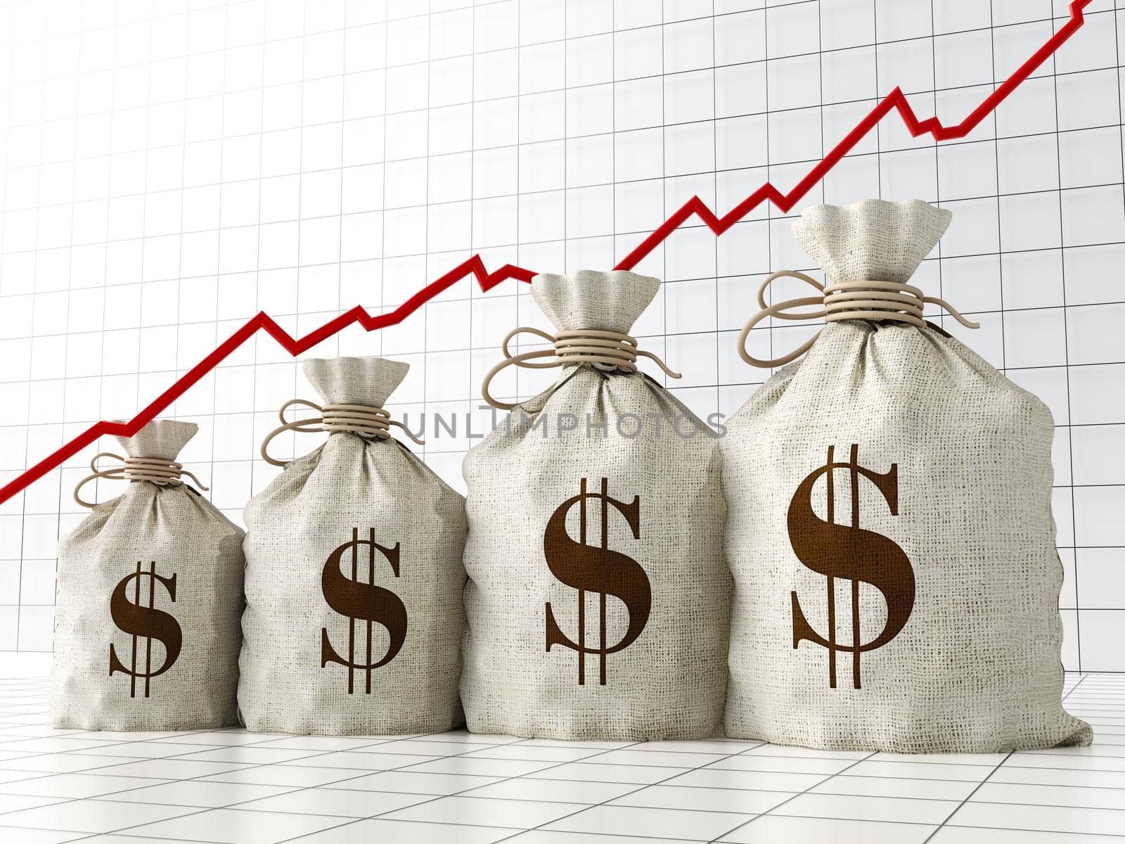 Sacks with Dollar symbol under rising arrow growing in size. 3D illustration.