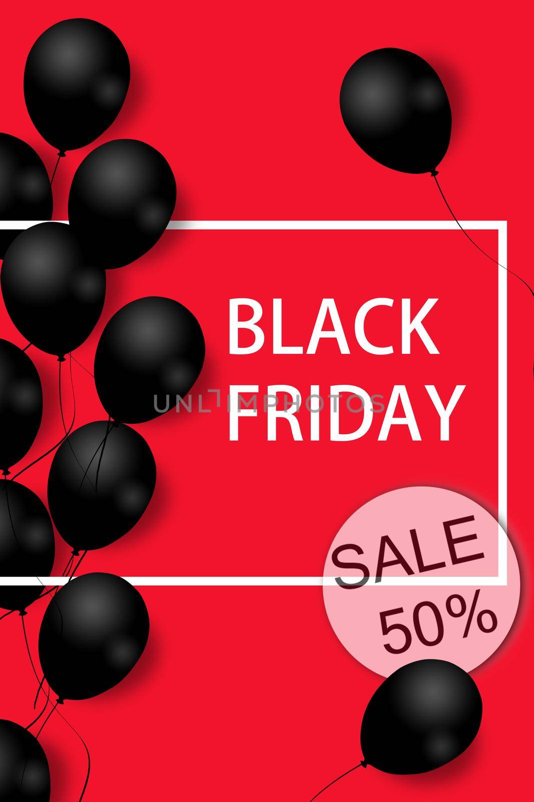 Black Friday Sale Poster with black balloons on red background with square frame. Illustration. Pattern