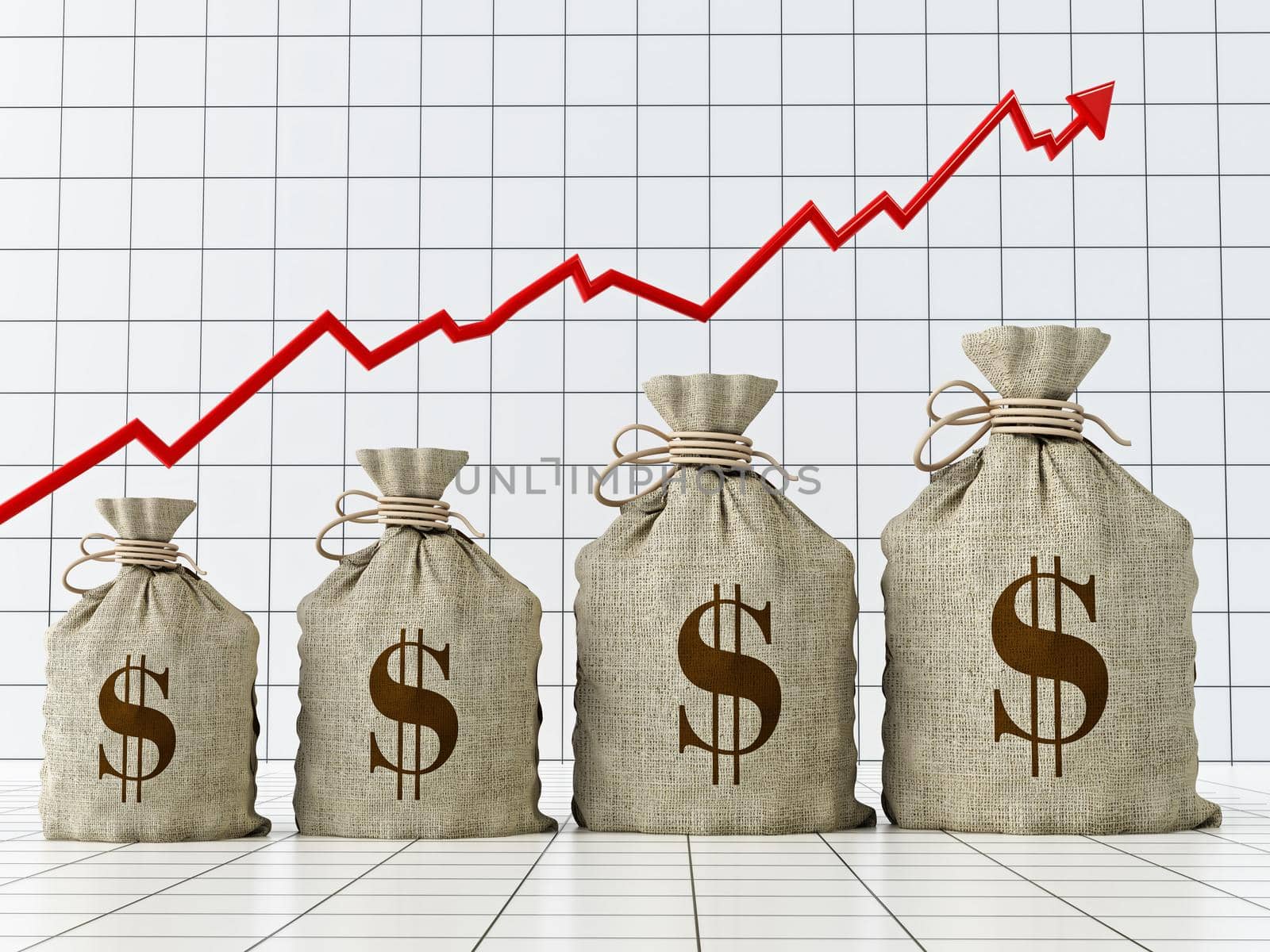 Sacks with Dollar symbol under rising arrow growing in size. 3D illustration by Simsek