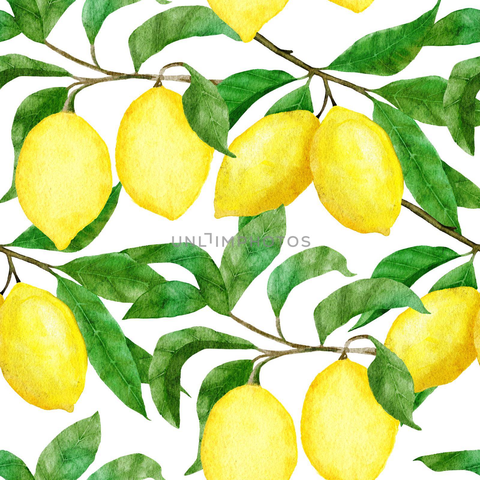 Watercolor hand drawn seamless pattern with lemon citrus fruit. Summer bright organic sweet tasty food botanic print. Harvest tree ornament textile. by Lagmar