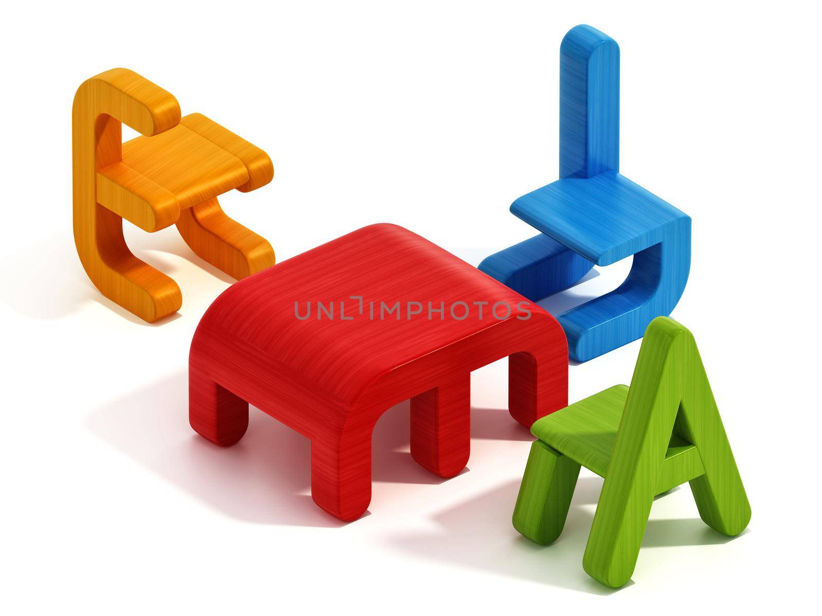 Letter shaped colorful kitchen furniture for kids isolated on white background. 3D illustration.