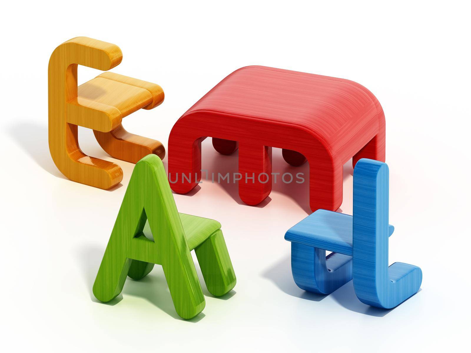 Letter shaped colorful kitchen furniture for kids isolated on white background. 3D illustration.