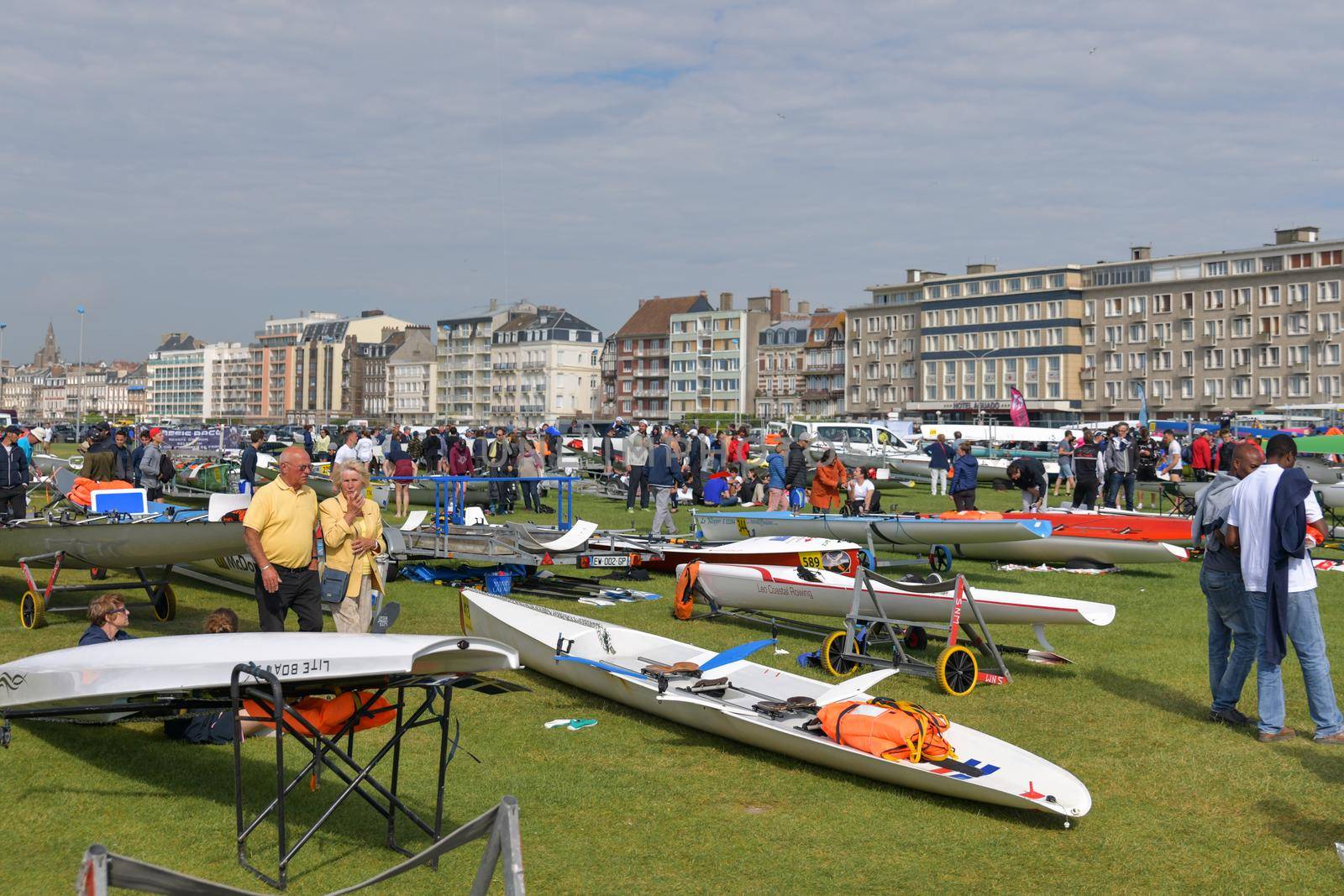 DIEPPE, FRANCE - MAY 25, 2019: French Rowing Championship. Water Rowing boats on the grass.