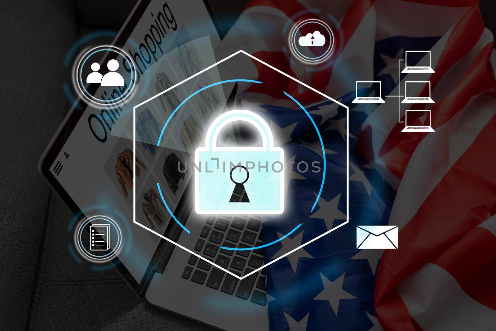 Digital padlock icon, cyber security network and data protection technology on virtual interface screen. Online internet authorized access against cyber attack.and business data privacy concept