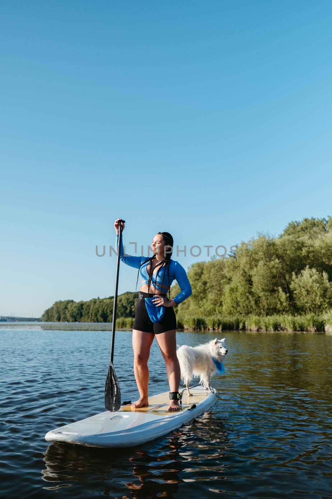 Young Woman with Dreadlocks Standing on the Sup Board While Paddleboarding with Her Dog Japanese Spitz by Romvy