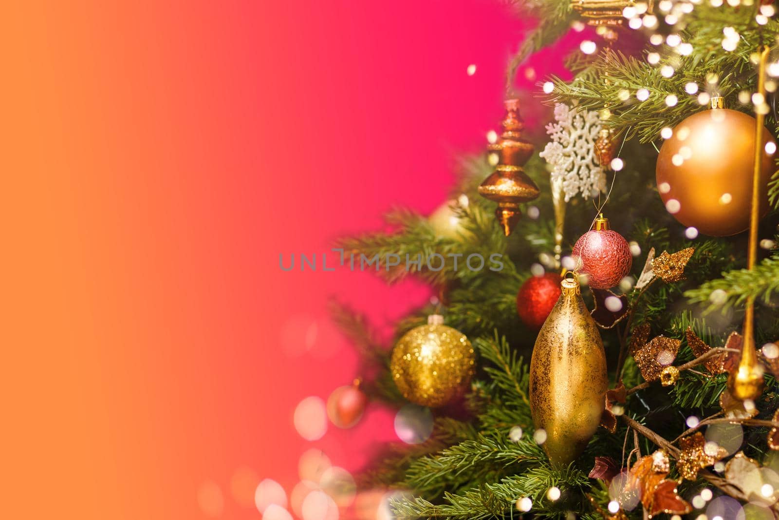 Christmas decorations and toys. New Year atmosphere. Christmas home. Landscape abstract card. Modern blurry postcard. Horizontal bright banner.
