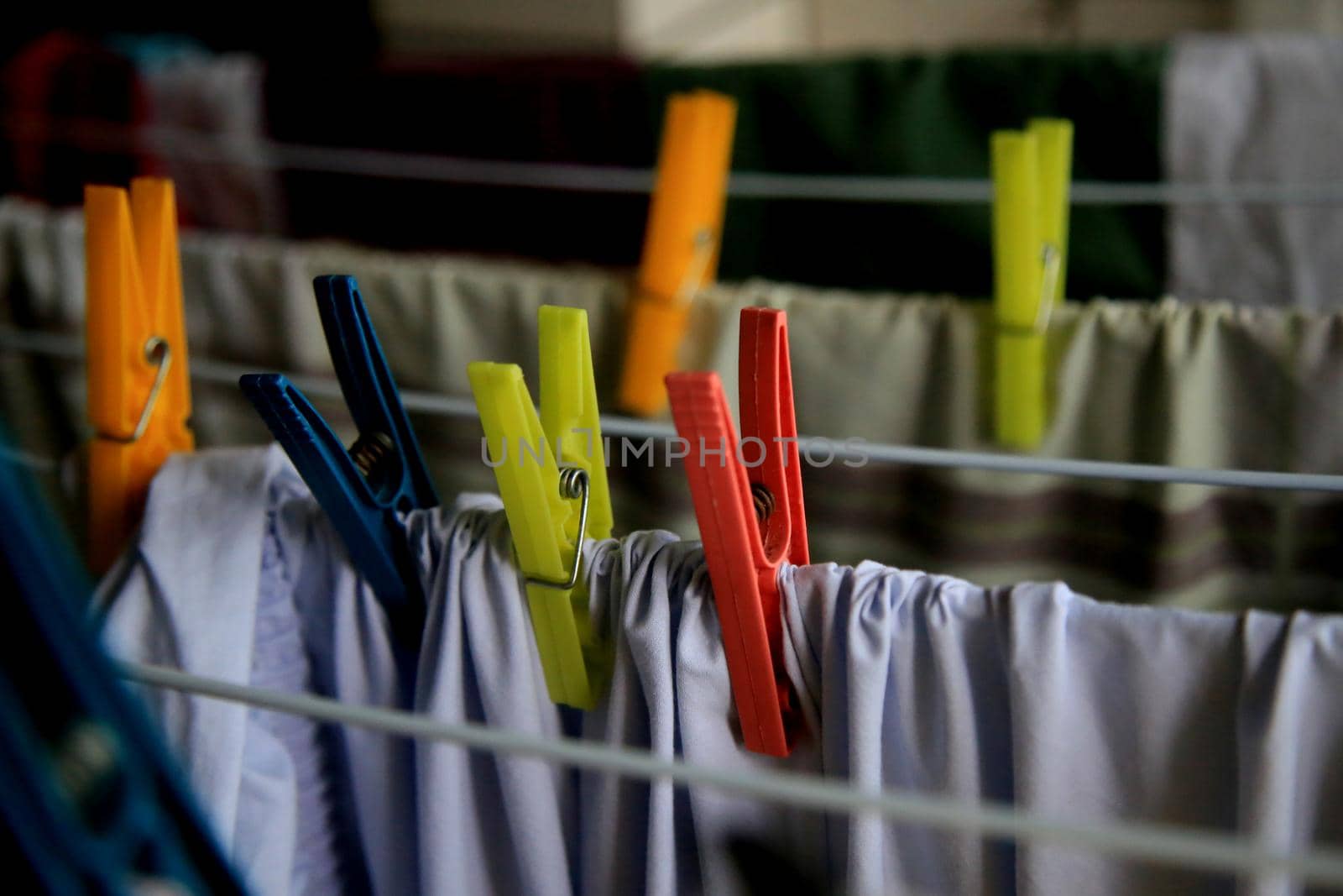 salvador, bahia / brazil - may 7, 2020: clothespins are seen in clothesline in an apartment in the city of Salvador.