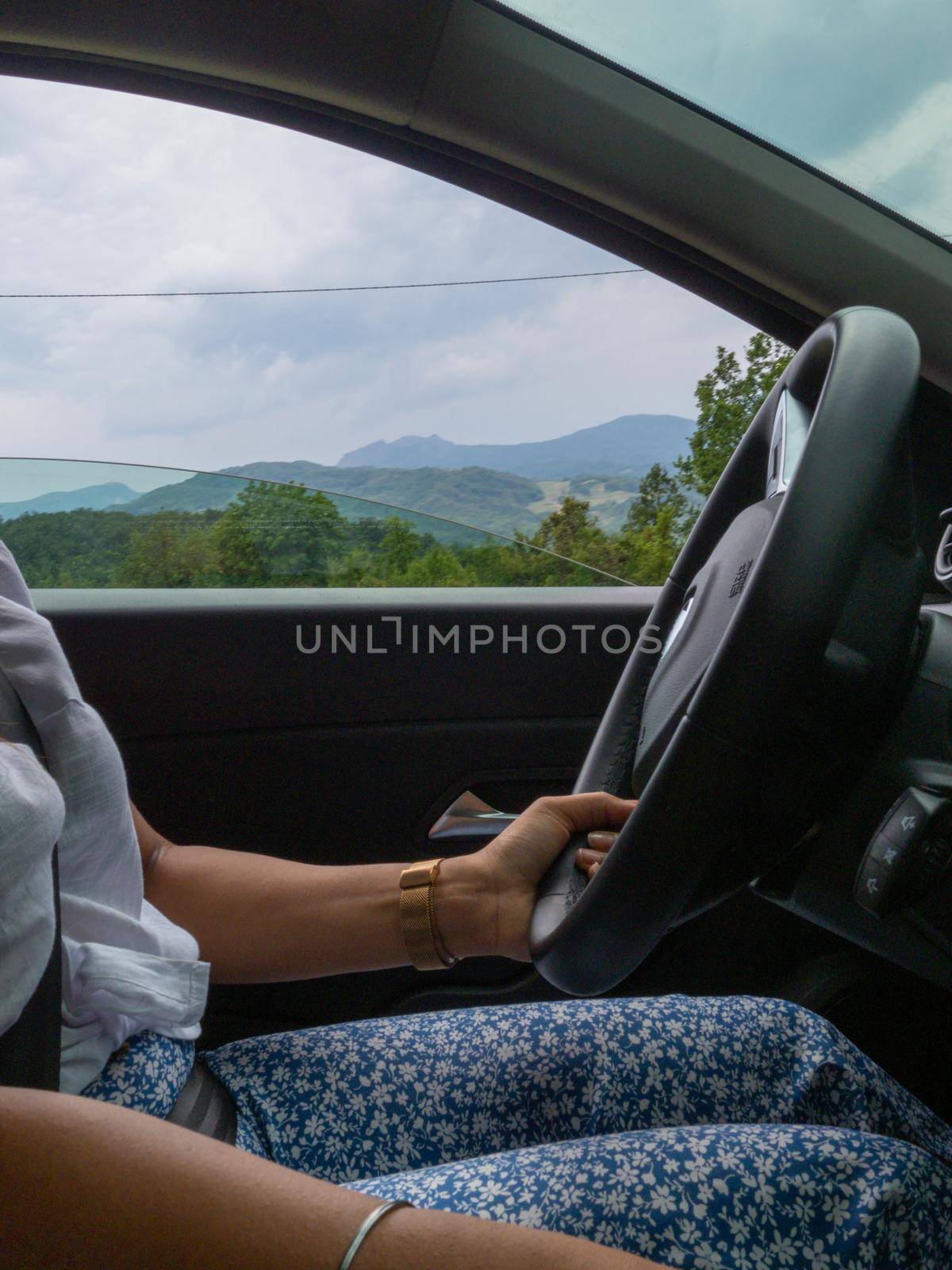 Beautiful business lady driving her car a cloudy day in summertime