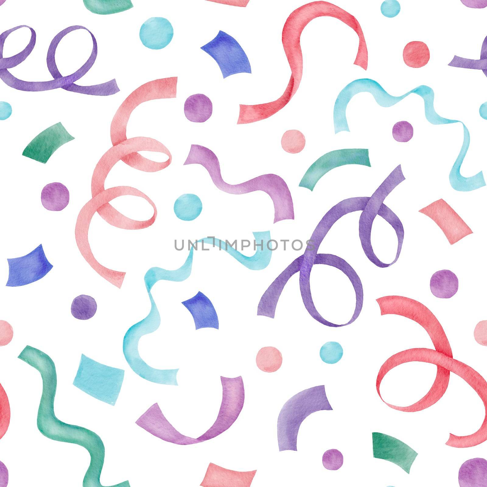 Colorful multicolored seamless pattern of confetti and party ribbons. Hand drawn drawing isolated on white background