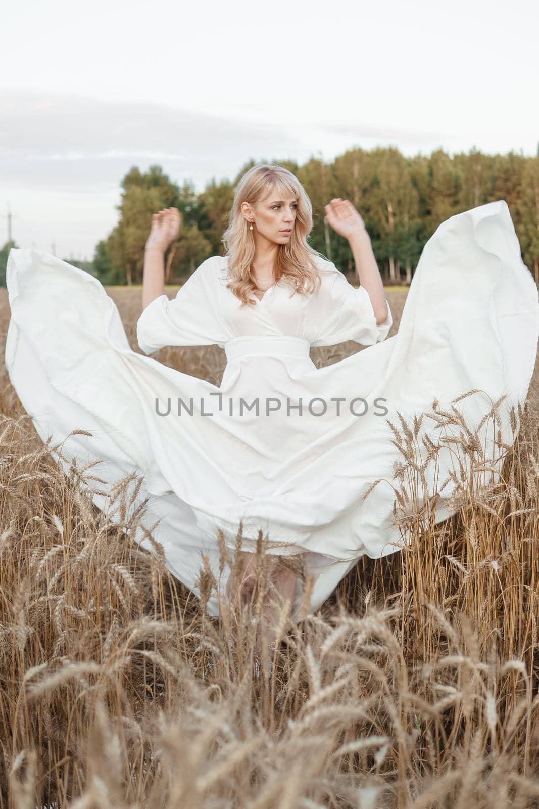 A blonde woman in a long white dress walks in a wheat field. The concept of a wedding and walking in nature.