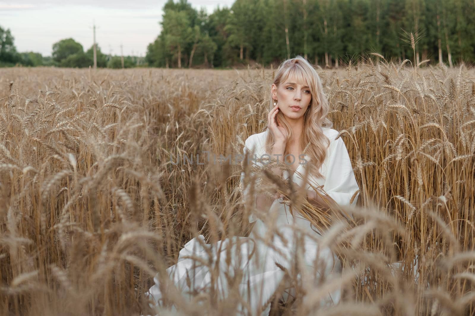 A blonde woman in a long white dress walks in a wheat field. The concept of a wedding and walking in nature.