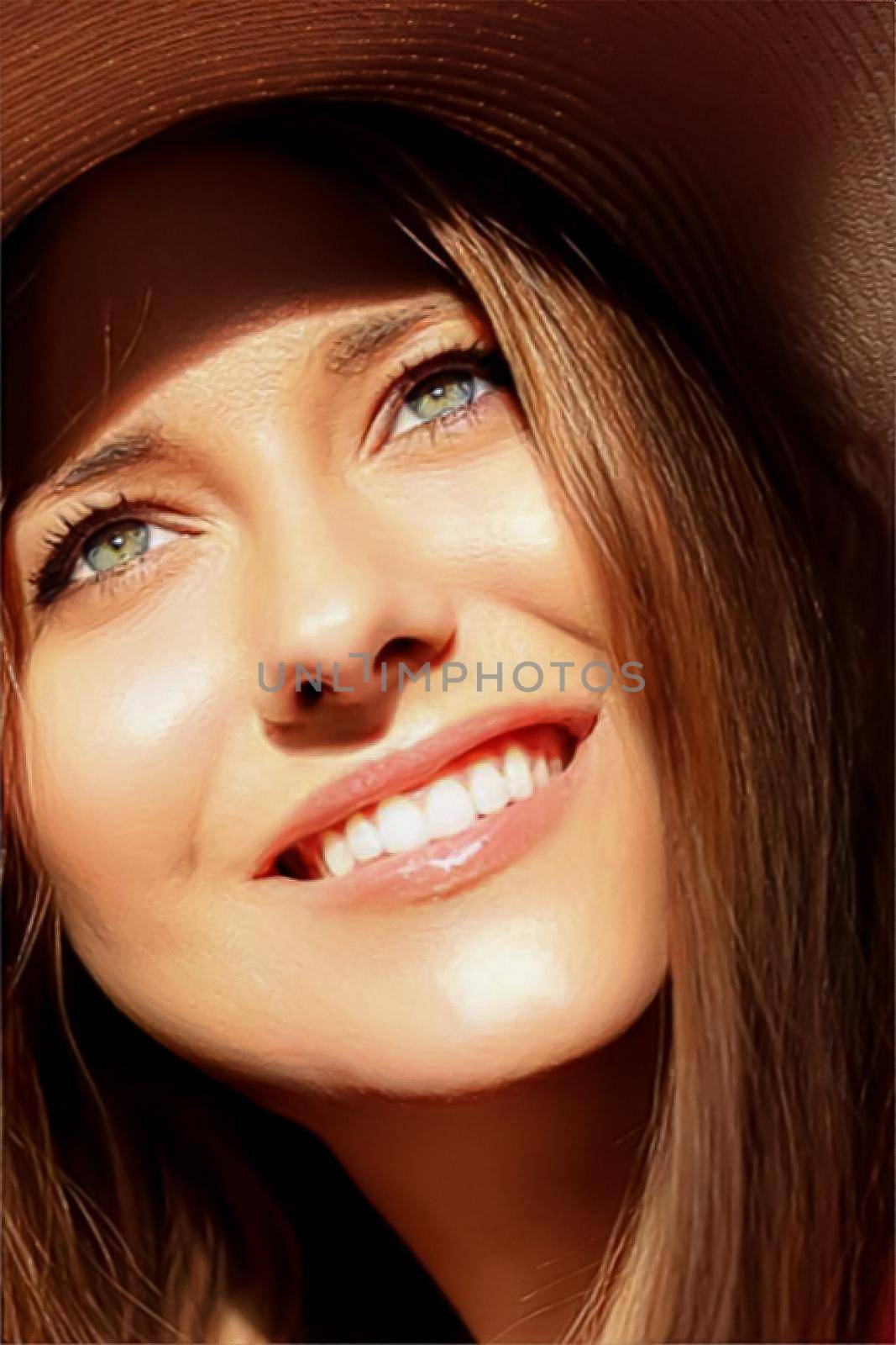 Fashion, travel and beauty face portrait of young woman, happy smiling model wearing beach sun hat in summer, head accessory and style concept