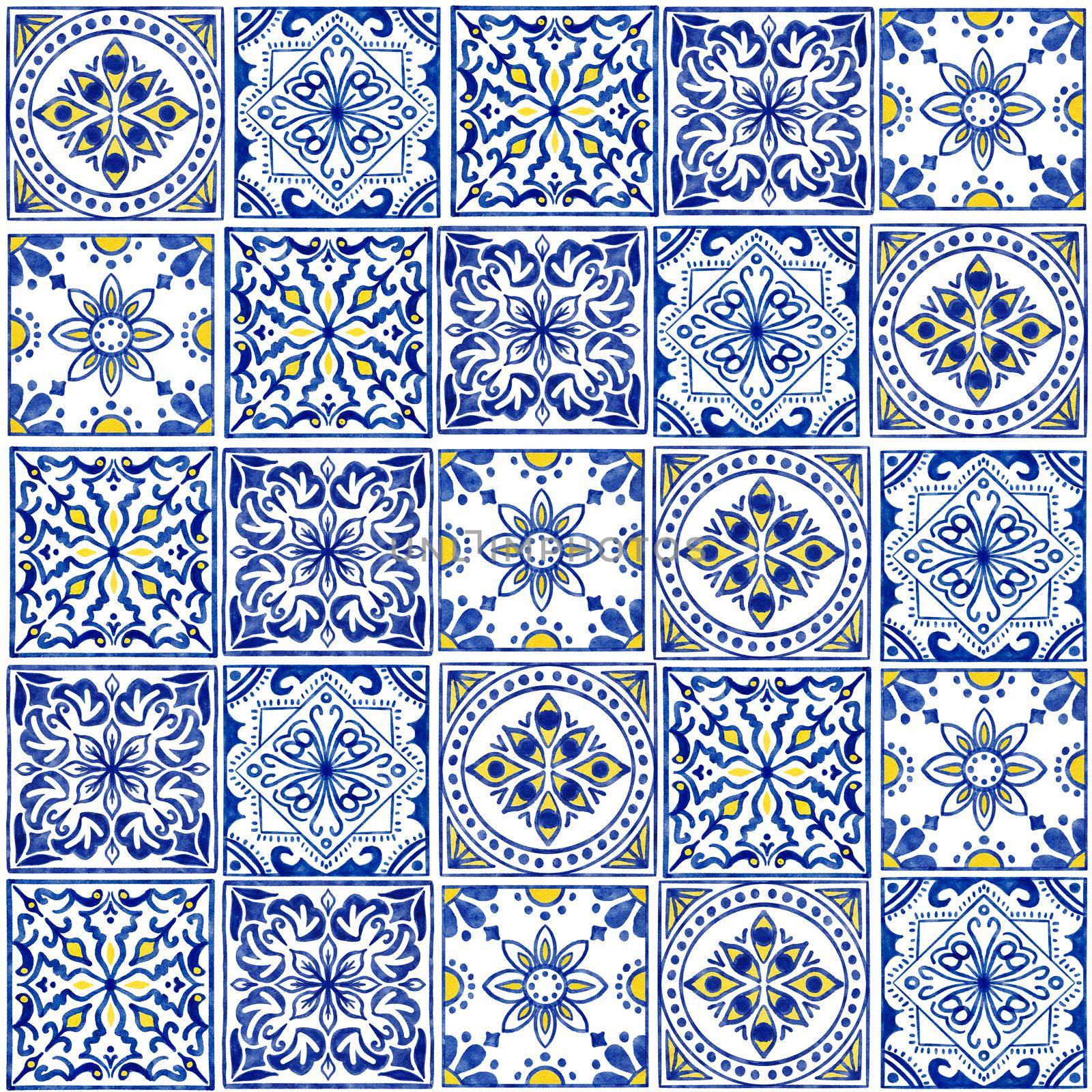 Hand drawn watercolor seamless pattern with blue white azulejo Portuguese ceramic traditional tiles. Ethnic portugal geomentric indigo repeated wall floor ornament. Arabic ornamental background. by Lagmar