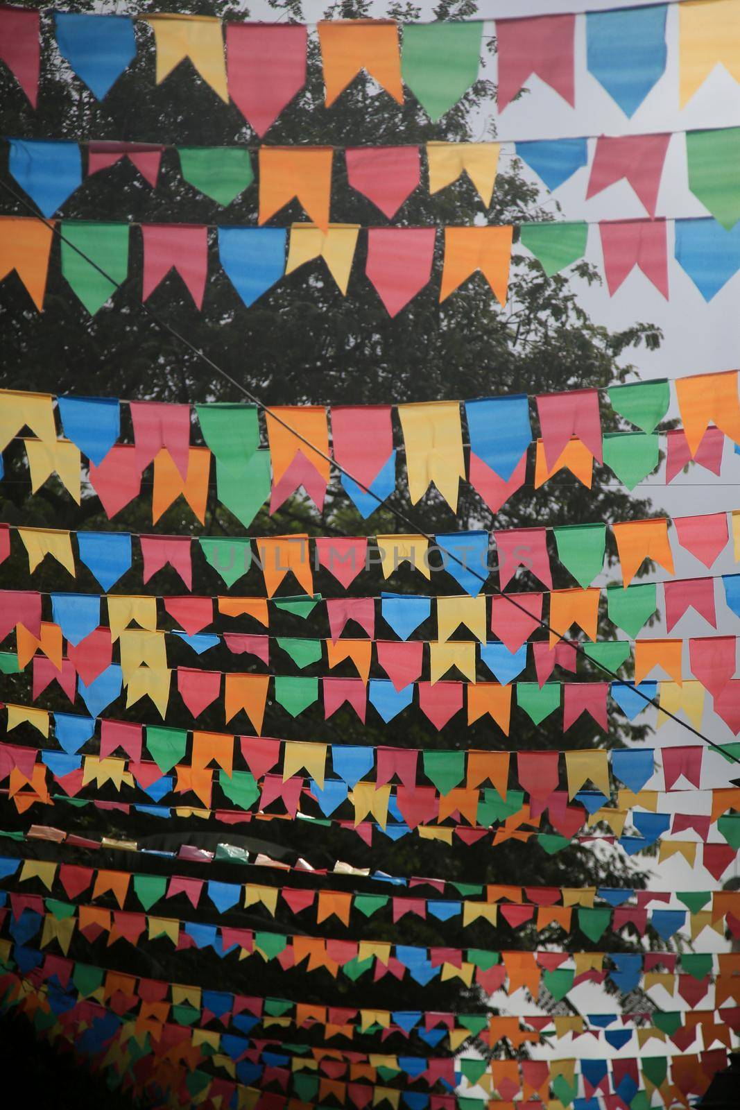 salvador, bahia, brazil - june 16, 2022: Decorative banners seen in the ornamentation for the festivities of Sao Joao in Pelourinho, Historic Center of the city of Salvador.