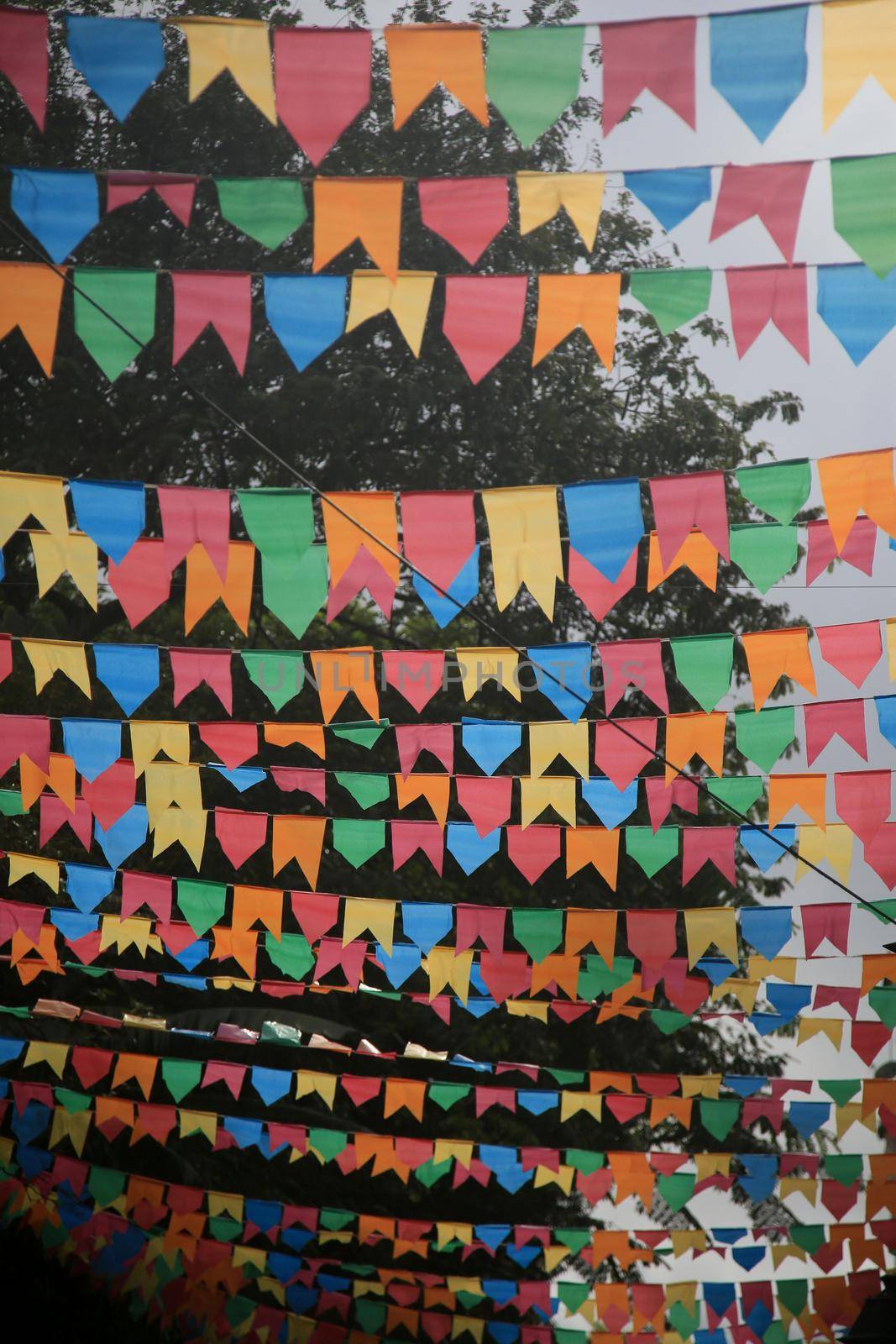 salvador, bahia, brazil - june 16, 2022: Decorative banners seen in the ornamentation for the festivities of Sao Joao in Pelourinho, Historic Center of the city of Salvador.