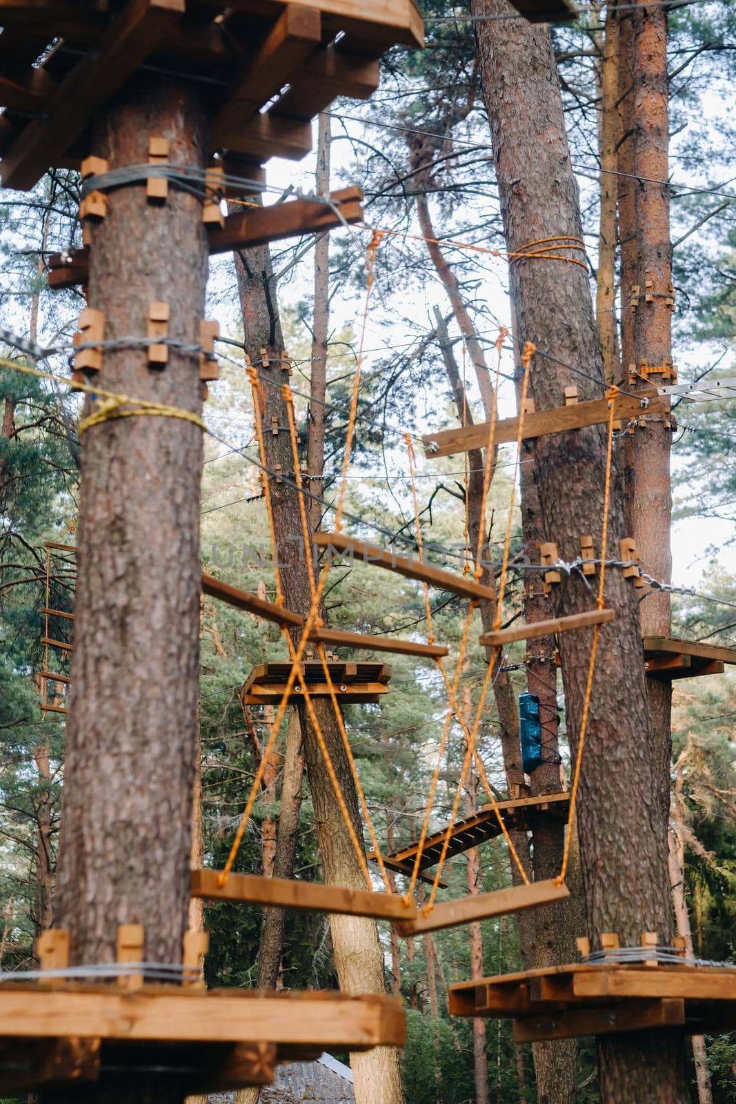 Elements of a rope town in the park. An empty rope town in the forest.