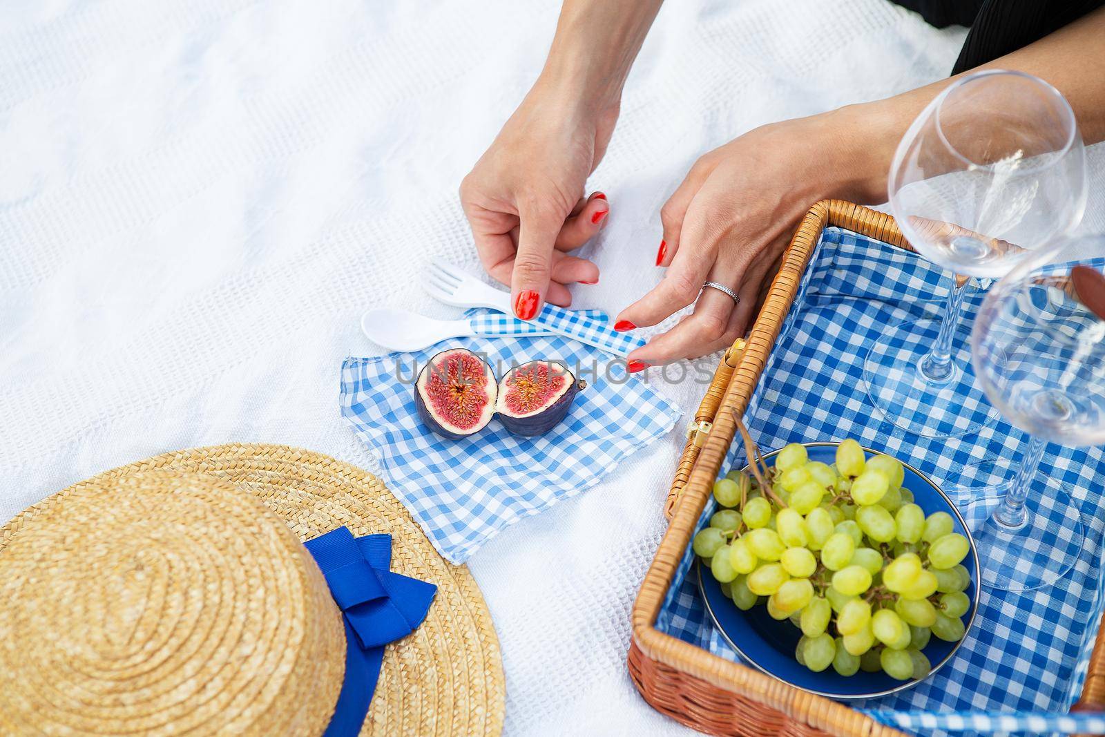 Romantic picnic in the park on the grass, delicious food: basket, wine, grapes, figs, cheese, blue checkered tablecloth, two glasses of wine. Girl cuts figs.Outdoor recreation concept. by sfinks