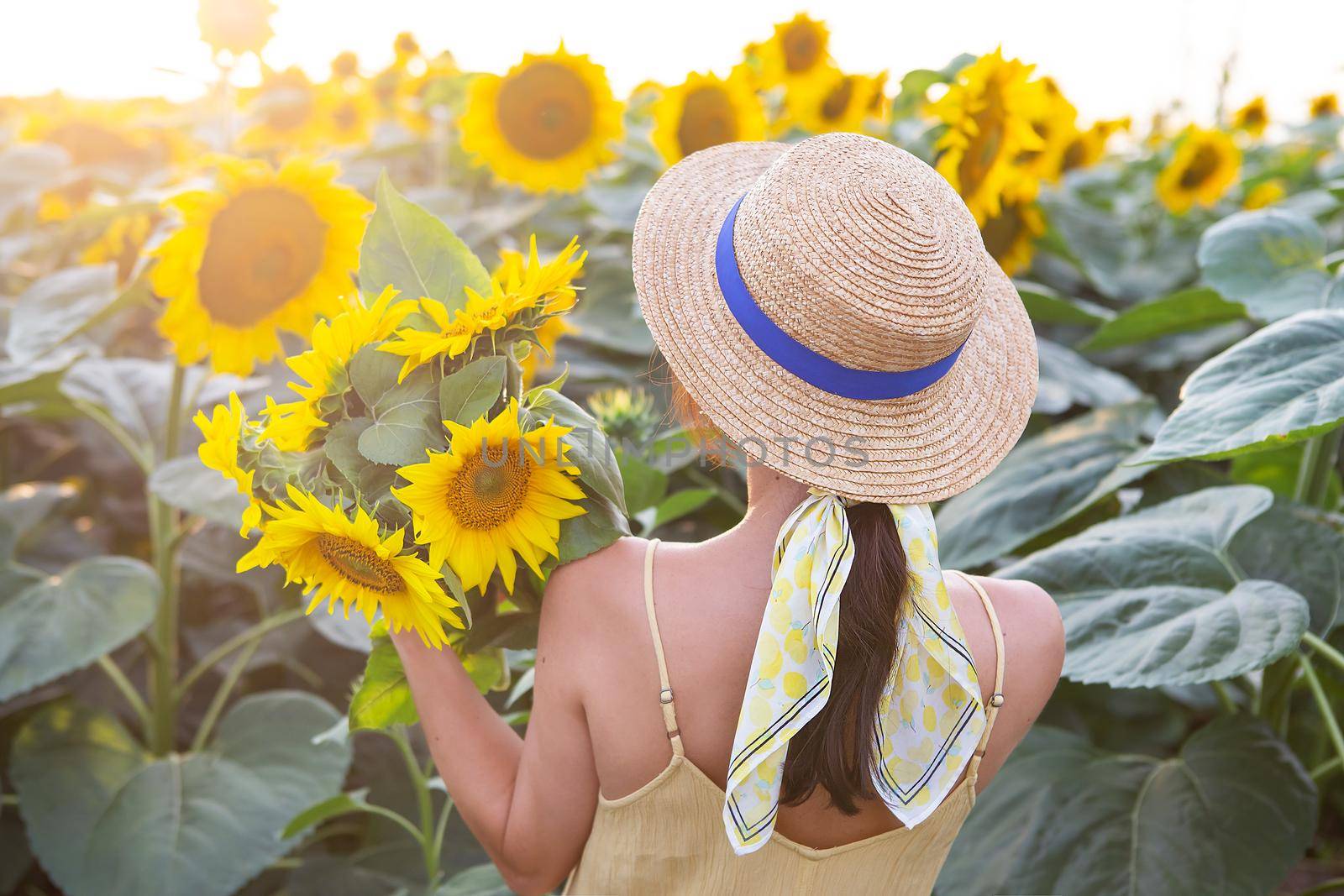 A girl in a straw hat stands with her back and holds in her hands a large bouquet of sunflowers in a large field of sunflowers. by sfinks