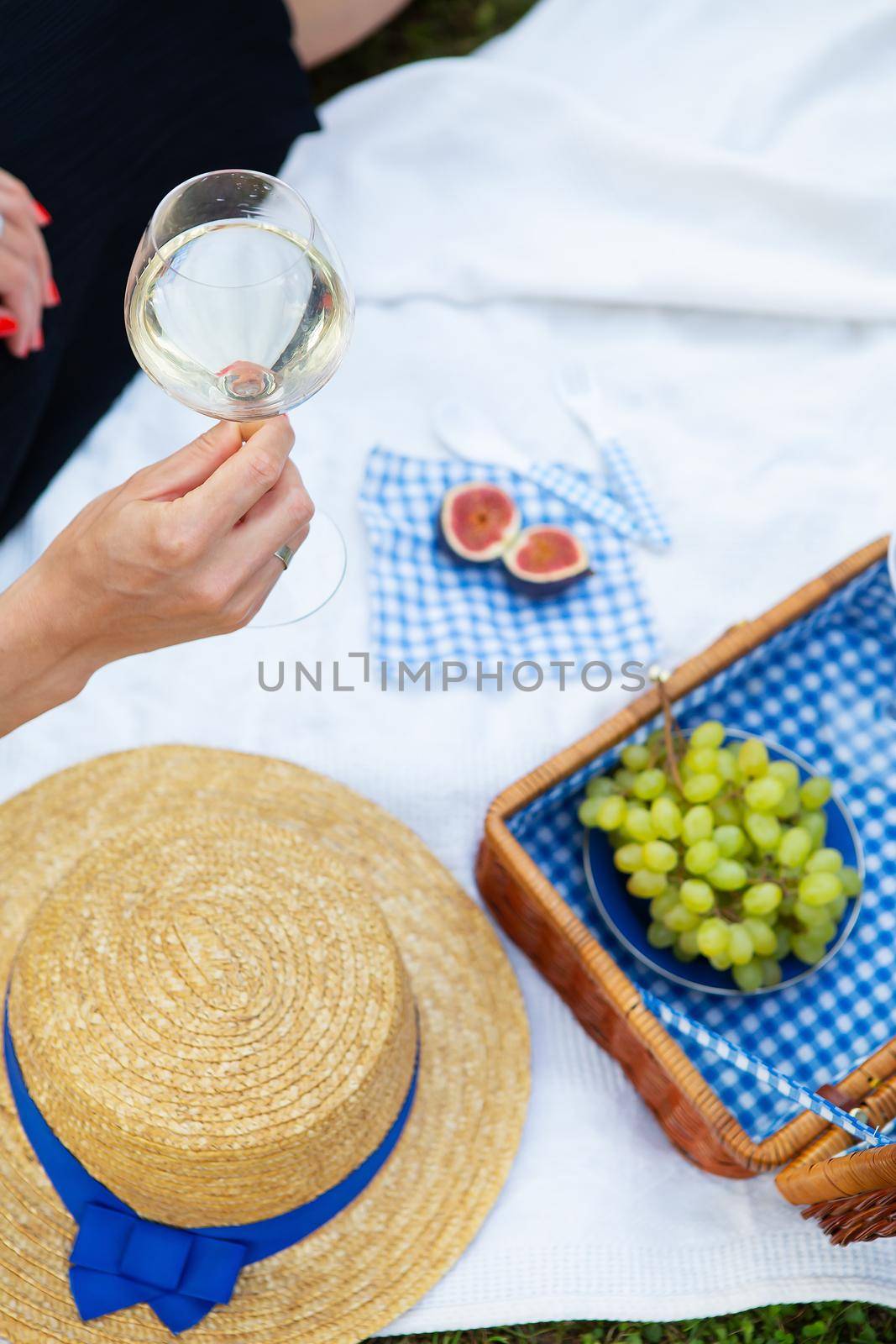 Romantic picnic in the park on the grass, delicious food: basket, wine, grapes, figs, cheese, blue checkered tablecloth, two glasses of wine. The girl is holding a glass of wine in her hands.The concept of outdoor recreation