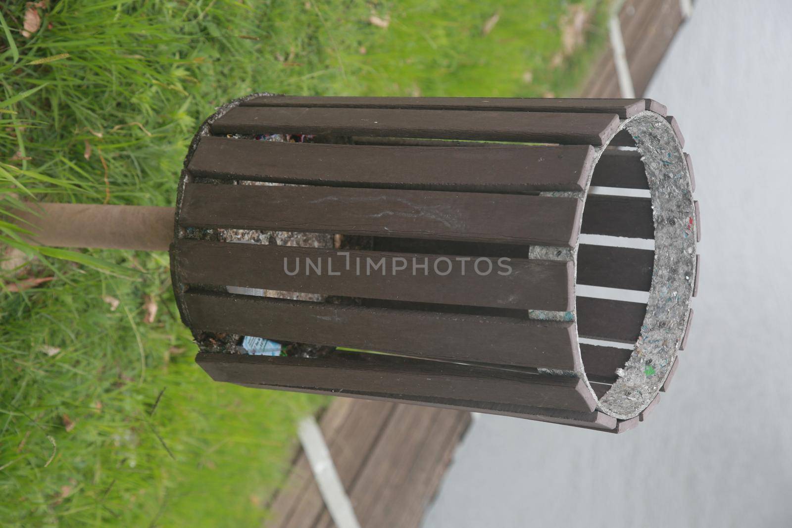 salvador, bahia, brazil - dezembro 2, 2021: Wooden litter bin is seen in park in Salvador city.