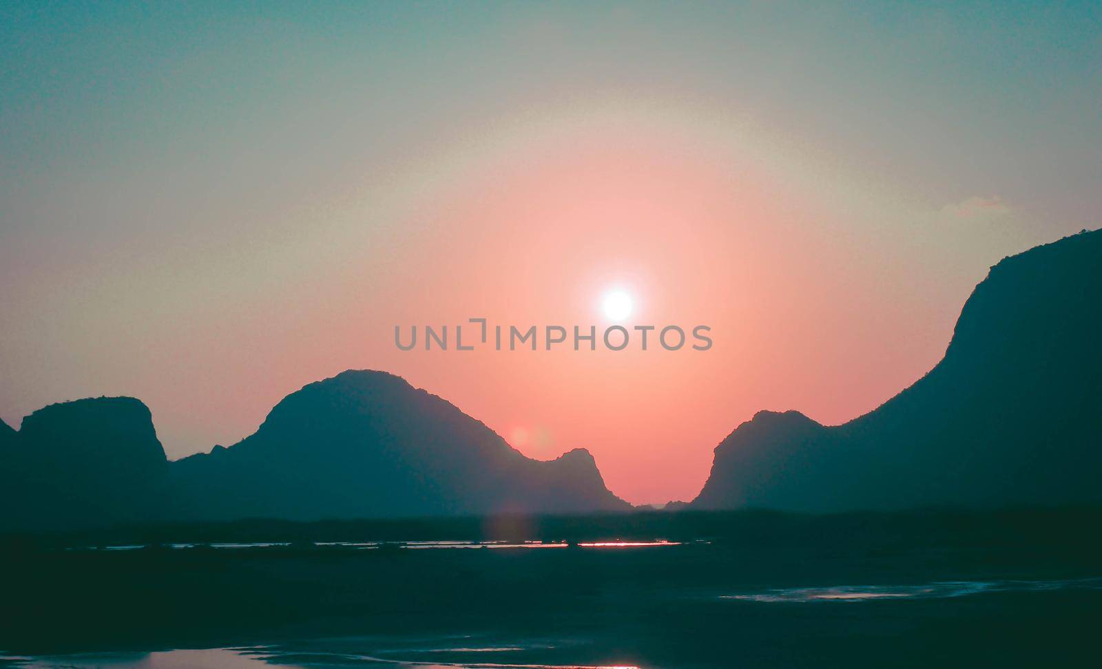 Panorama Sam Roi Yot mountain ranges layer landscape at sunset Thailand.