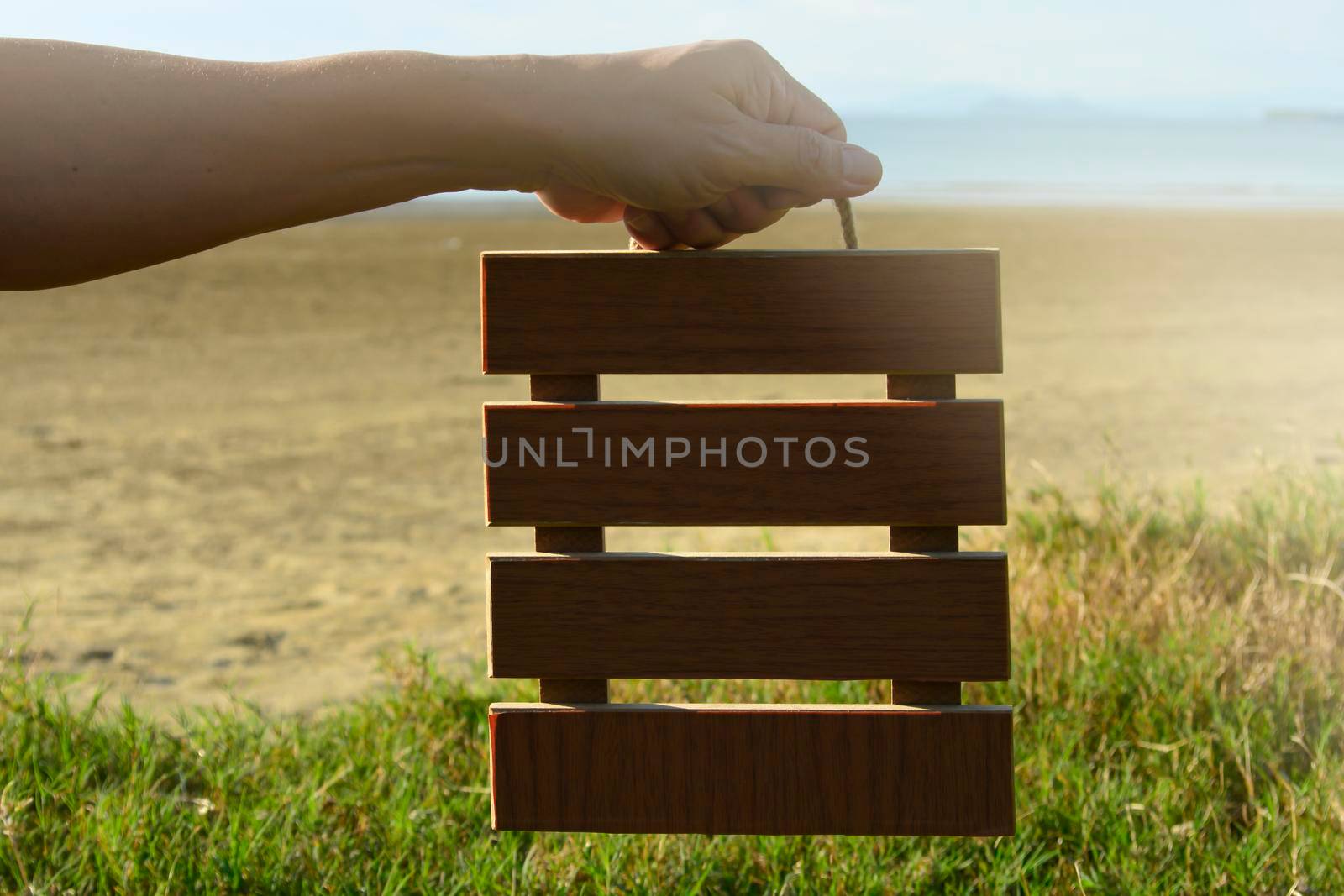 Hands holding wooden frame with blurred background of green grass and ocean. Copy space. Flat Lay.