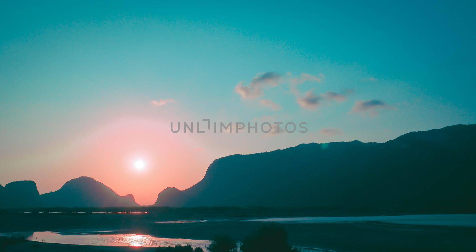Panorama Sam Roi Yot mountain ranges layer landscape at sunset Thailand.