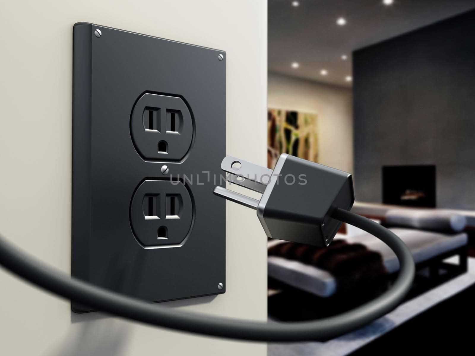 USA type AC power plug and socket on the wall. 3D illustration by Simsek