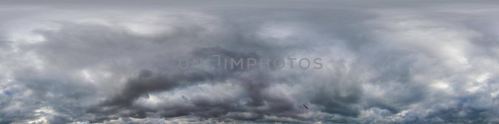 Overcast sky panorama on rainy day with Nimbostratus clouds in seamless spherical equirectangular format. Full zenith for use in 3D graphics, game and for aerial drone 360 degree panorama as sky dome. by Matiunina