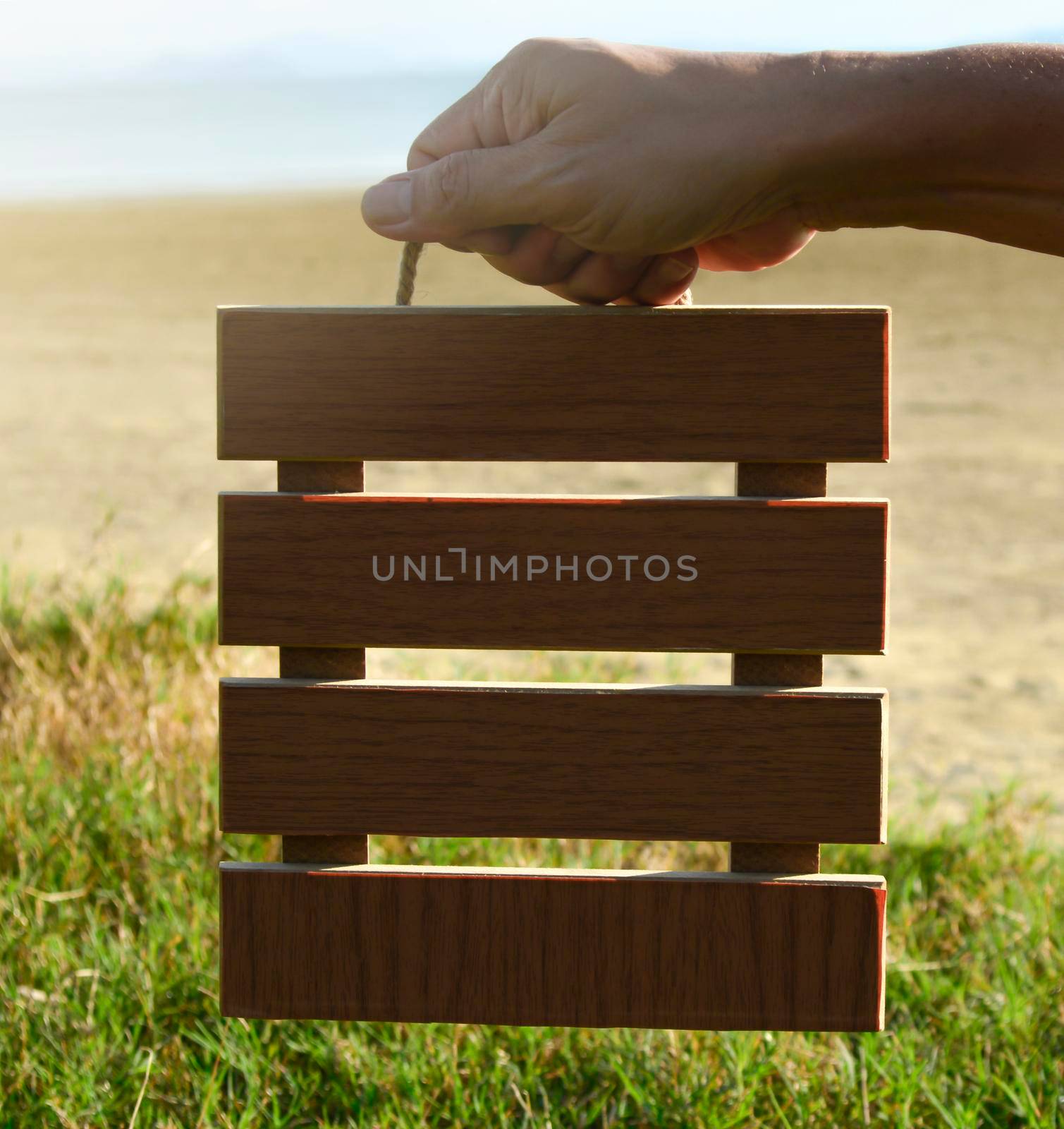 Hands holding wooden frame with blurred background of green grass and ocean. Copy space. Flat Lay.