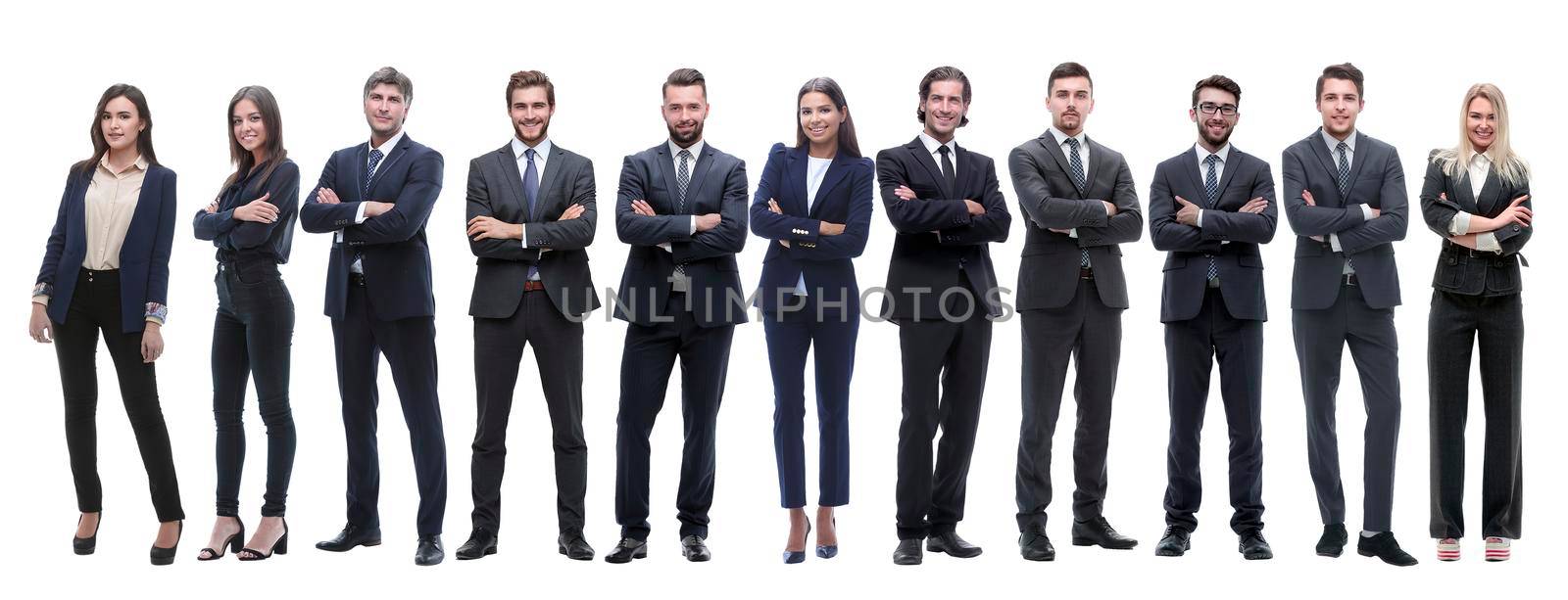 group of young successful entrepreneurs standing in a row. isolated on white background.