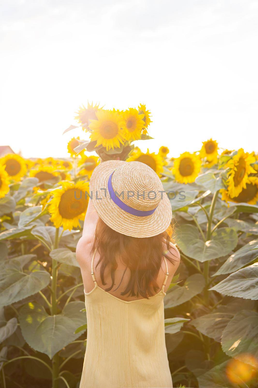 A girl in a yellow dress and a straw hat stands with her back and holds a bouquet of sunflowers on a large field of sunflowers. A beautiful sunny day