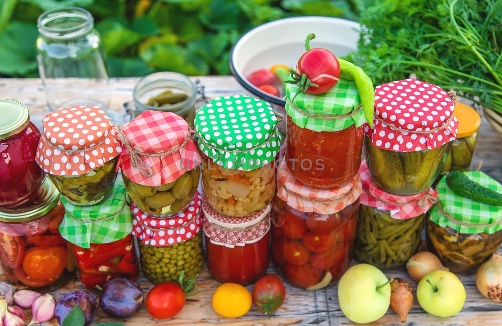 Jars with preserved vegetables for the winter. Selective focus. Food.