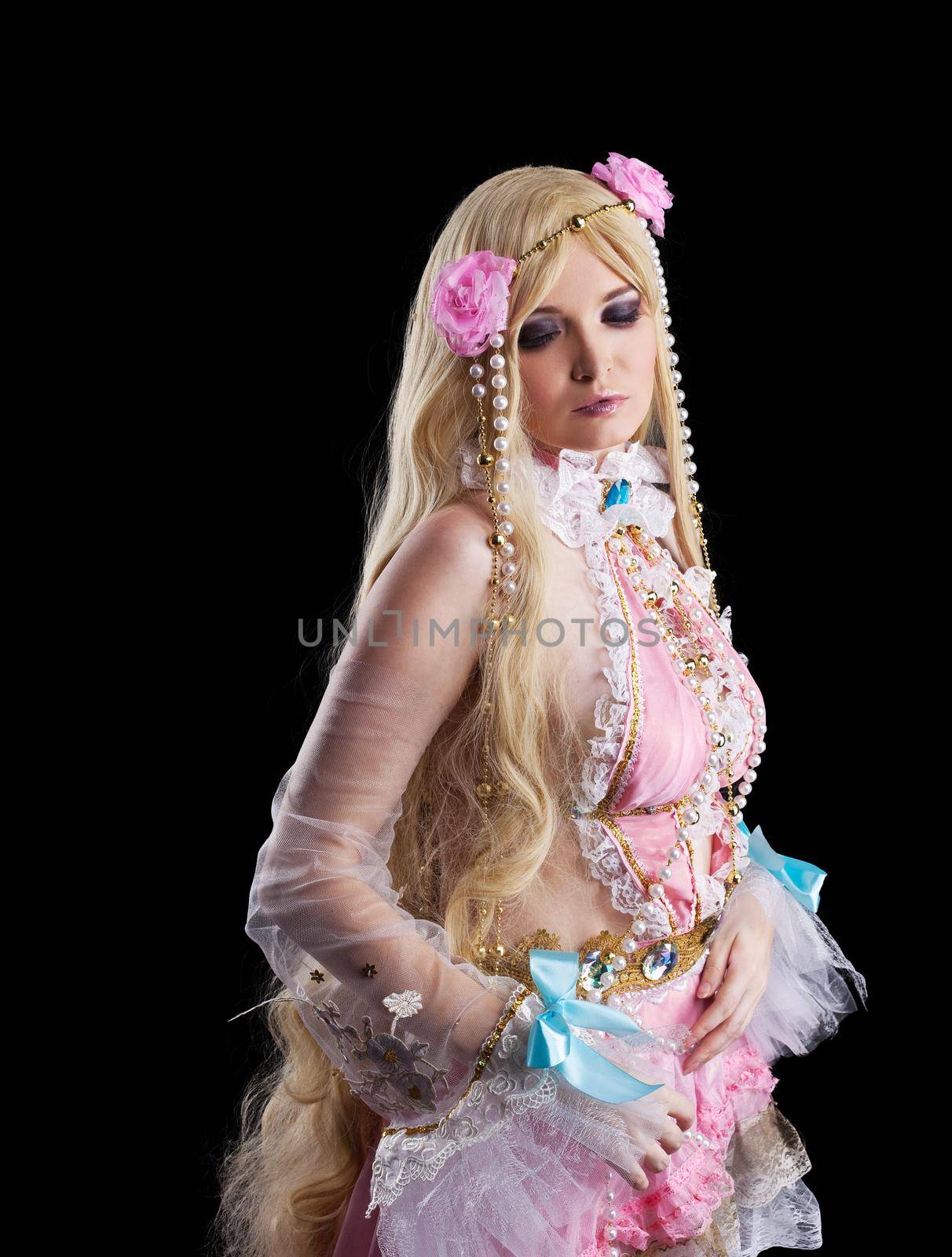 Young girl in fairy-tale doll cosplay costume portrait isolated