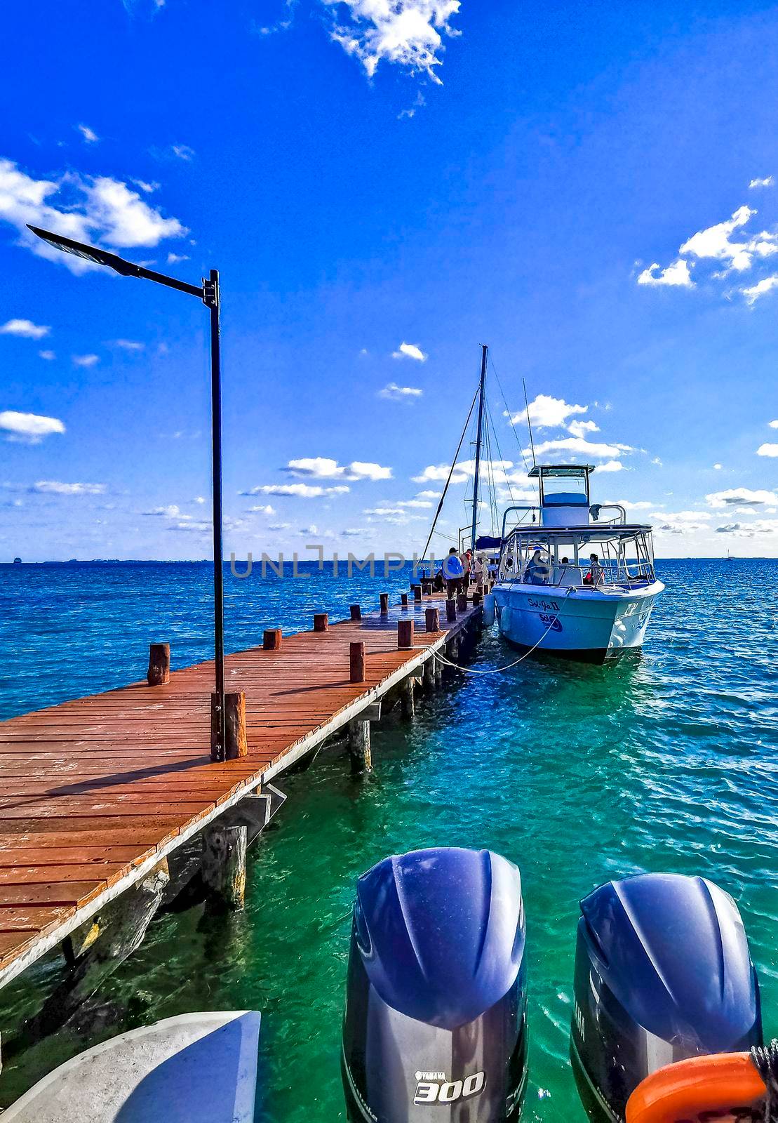 Cancun Mexico 24. January 2022 Boat trip from Cancun to Island Mujeres Contoy and Whale shark tour natural seascape panorama blue turquoise green clear water view from boat in Quintana Roo Mexico.