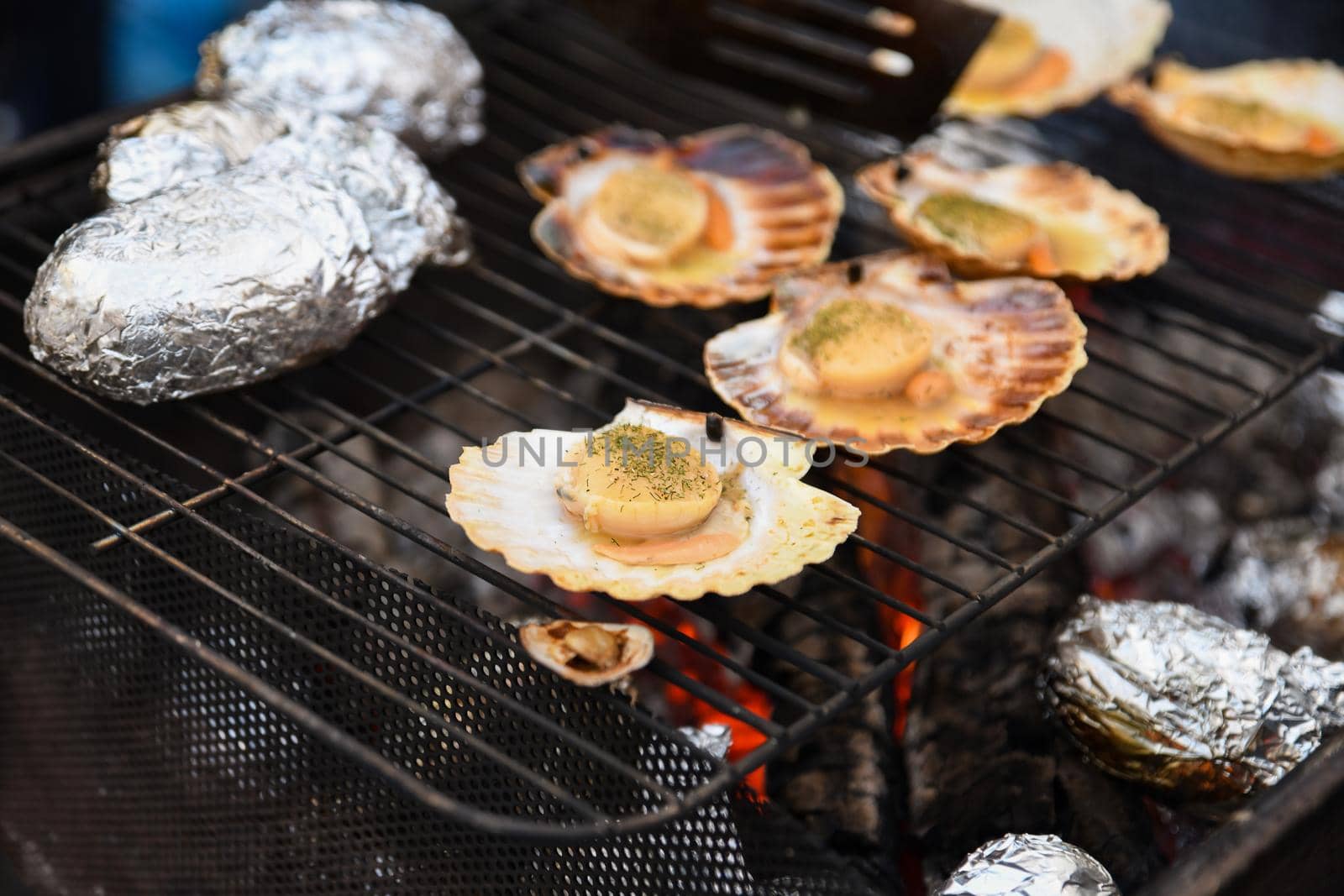 Grilled scallops with herbs and potatoes