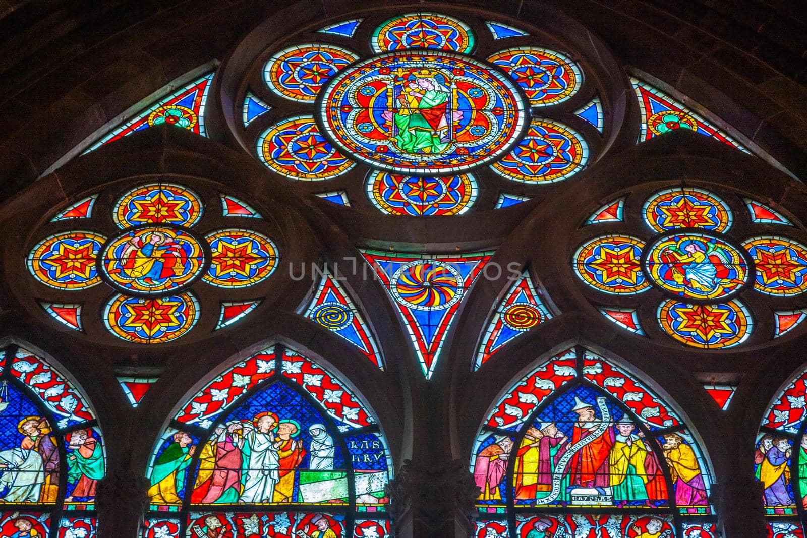 Strasbourg Notre Dame gothic cathedral ornate stained glass window, Alsace, Eastern France