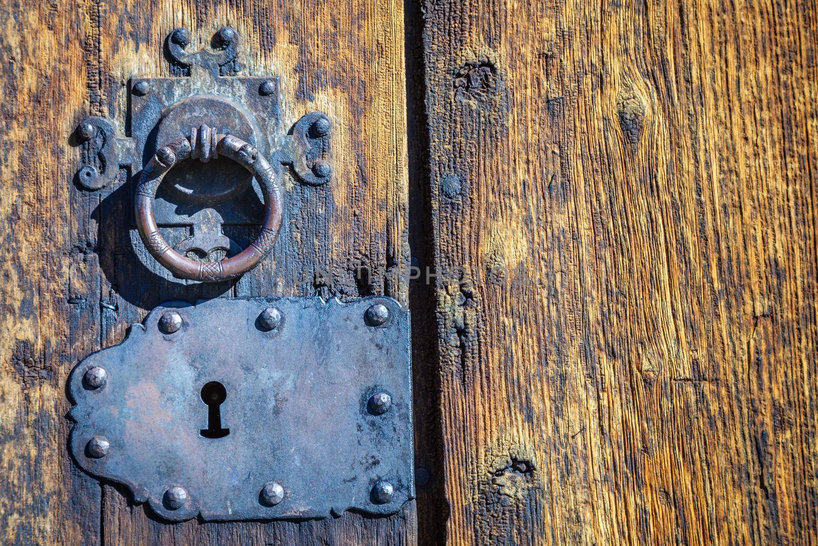 Ancient Lom Stave Church door lock closed, Norway, Scandinavia