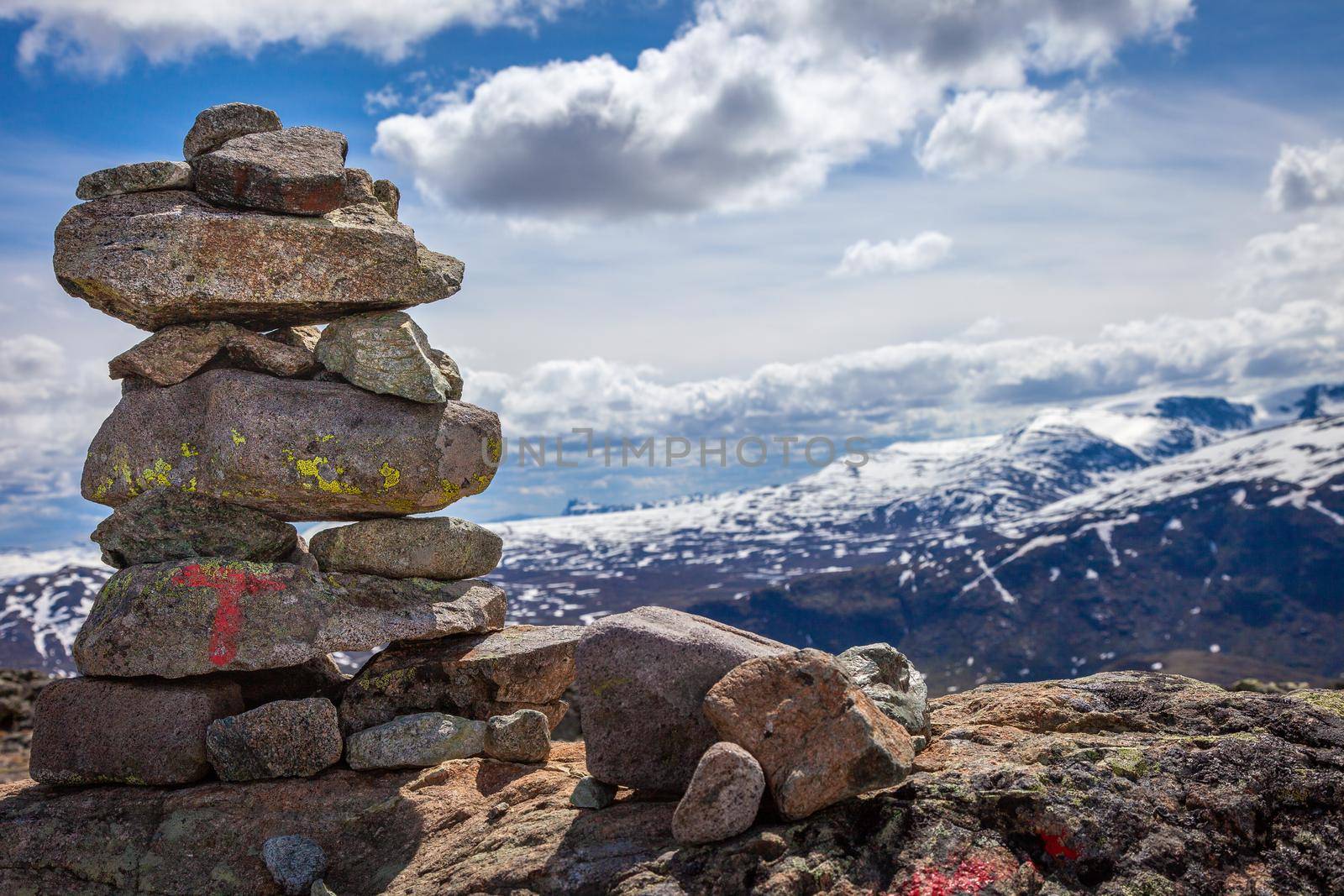 Inukshuk, Stacked stones above jotunheimen mountains in Norway, Scandinavia