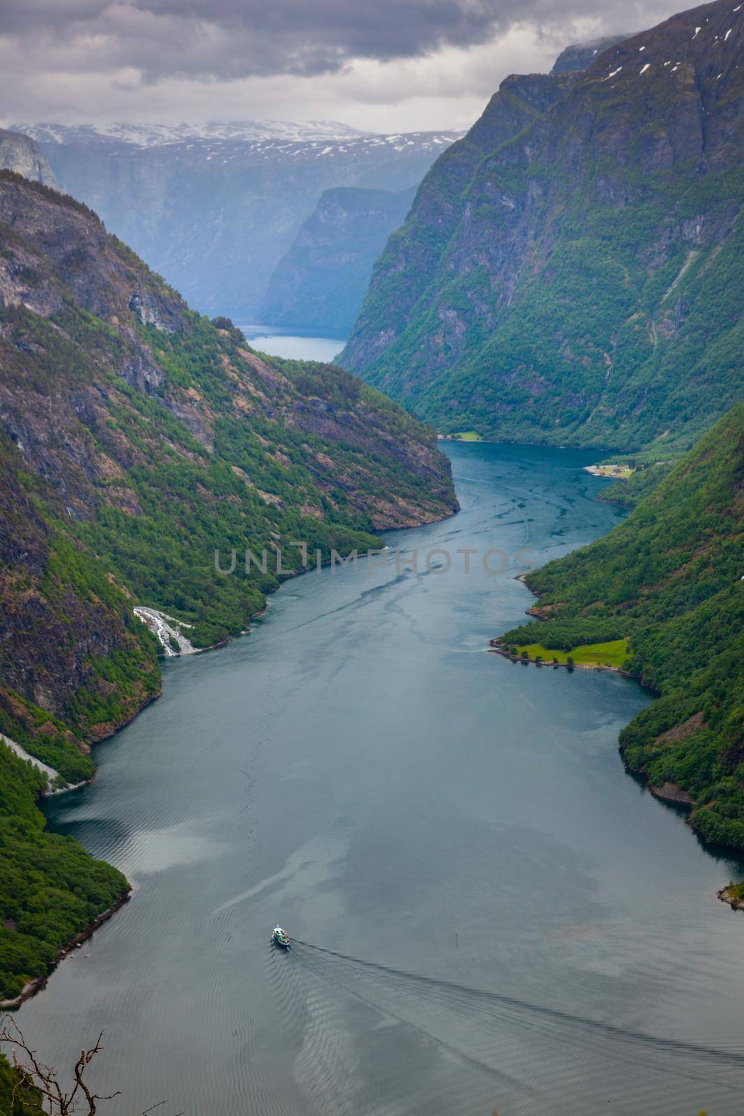 Majestic naeroyfjord from above in Norway at cloudy day, Scandinavia