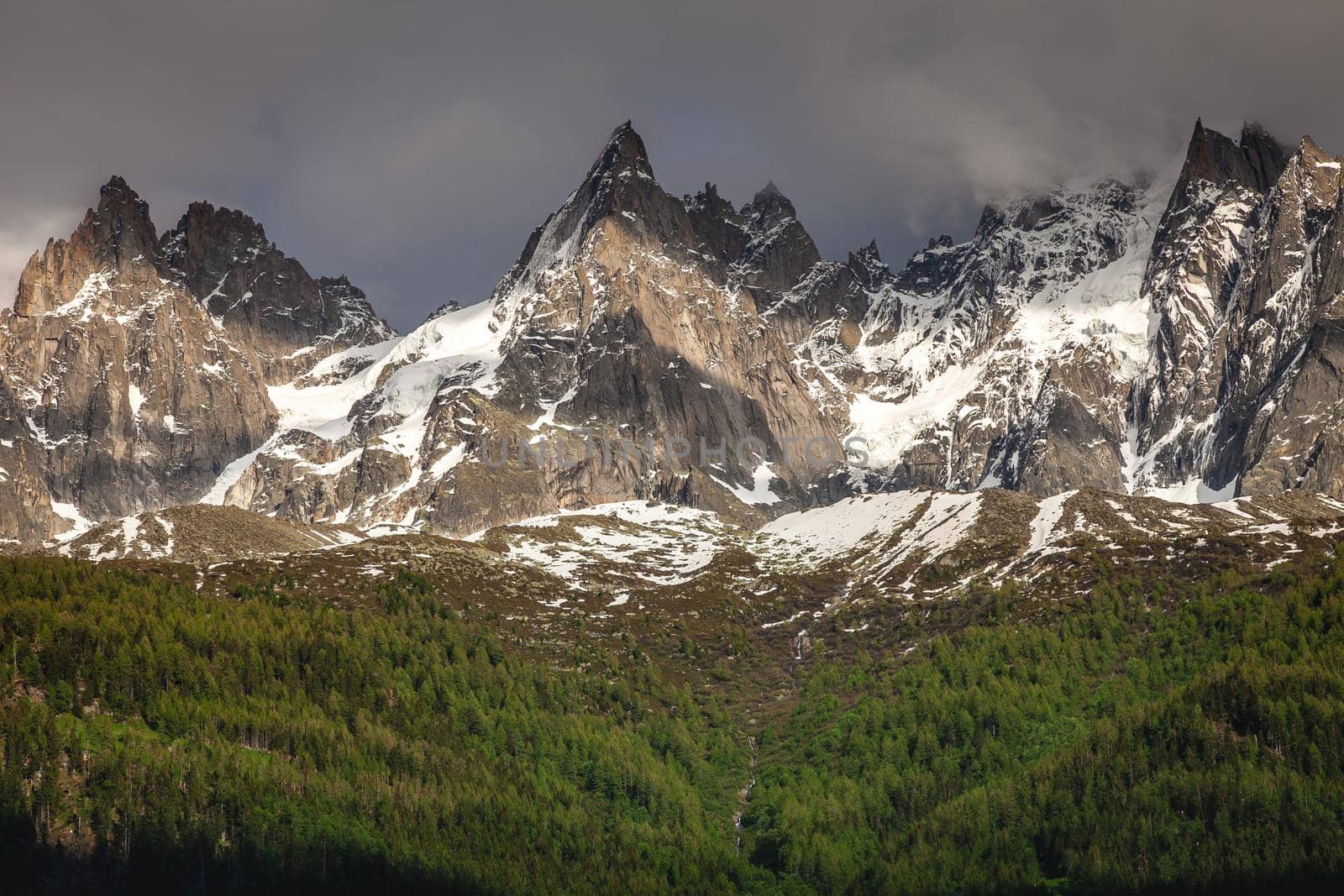 Mont Blanc Massif ice cap in Haute Savoie, Chamonix, French Alps, Eastern France
