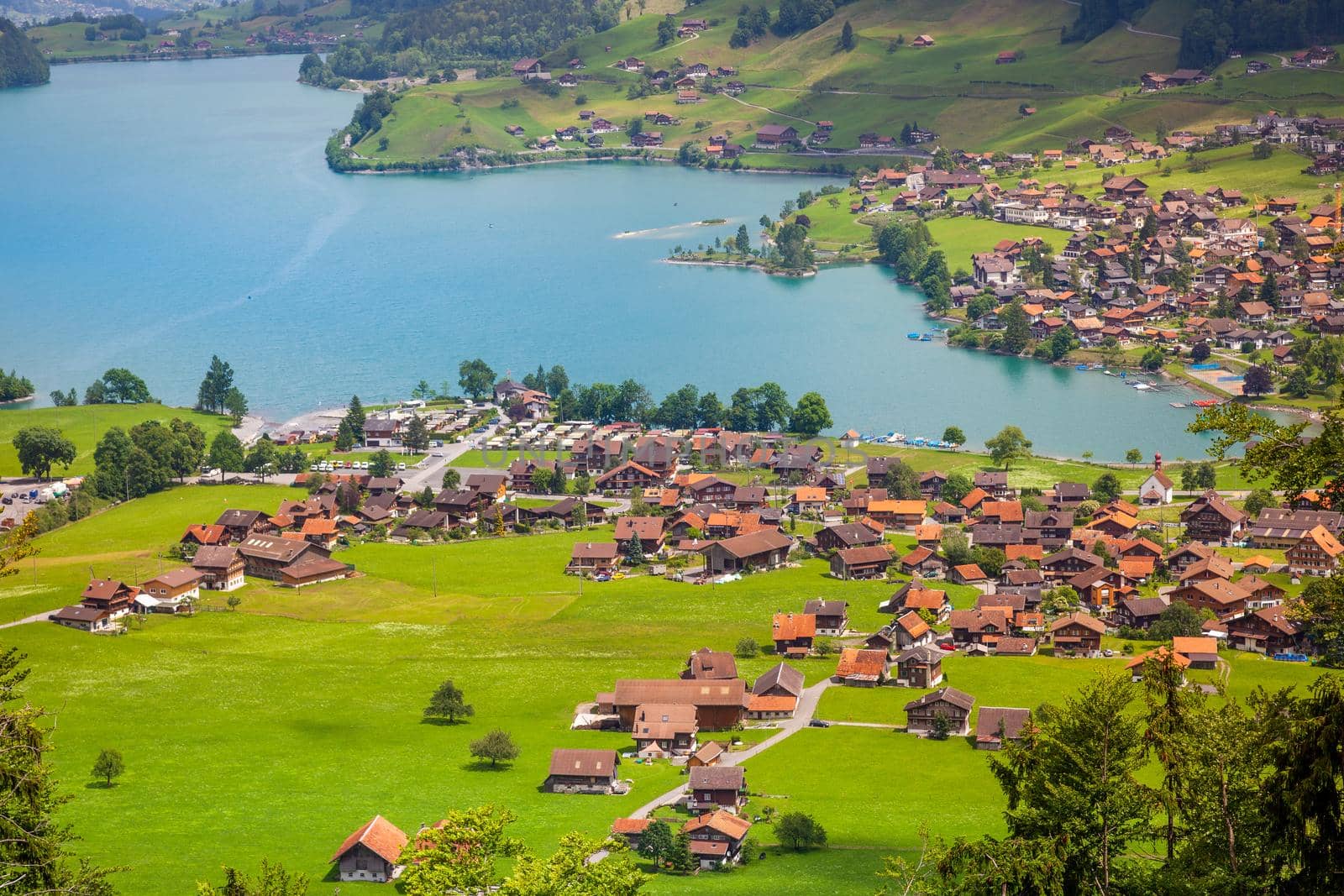 Aerial view on Lungern and lake near Luzern at sunny day, Switzerland, Europe