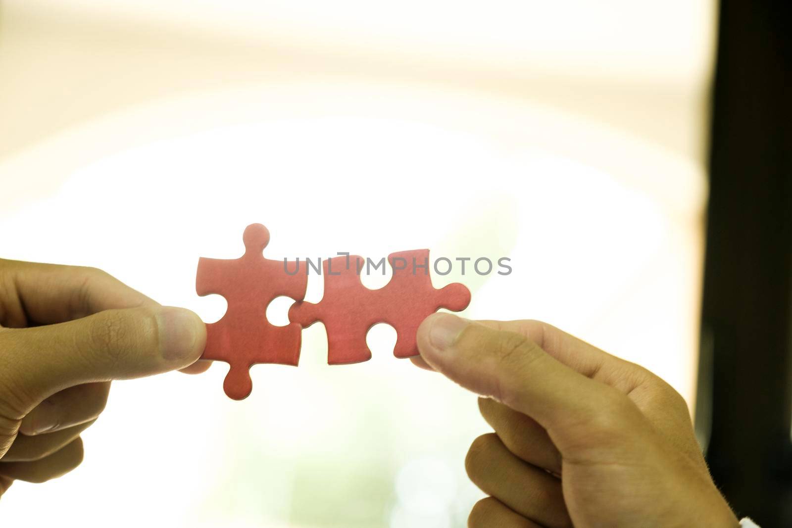 Close up of business people assemble jigsaw puzzle find perfect match. by ijeab