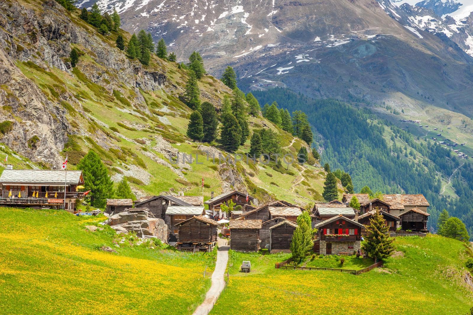 Idyllic swiss landscape with Zermatt village at springtime, Valais, Switzerland