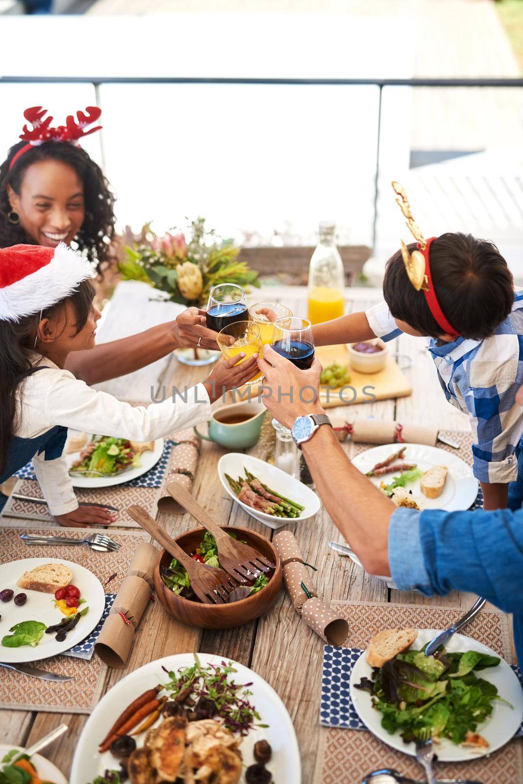 Sharing special moments with special people. High angle shot of a beautiful young family sharing a toast while enjoying Christmas lunch together outdoors. by YuriArcurs