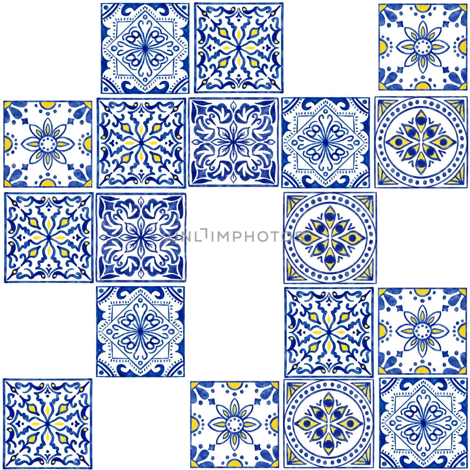 Hand drawn watercolor seamless pattern with blue white azulejo Portuguese ceramic traditional tiles. Ethnic portugal geomentric indigo repeated wall floor ornament. Arabic ornamental background. by Lagmar
