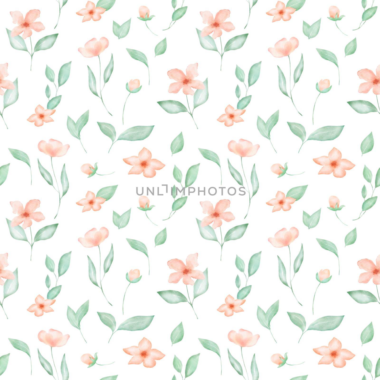 Watercolor floral seamless pattern with pink flowers and leaves. Spring colorful decor with illustrations on white background by ElenaPlatova