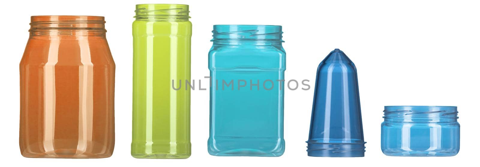 Set of transparent color plastic bottle isolated